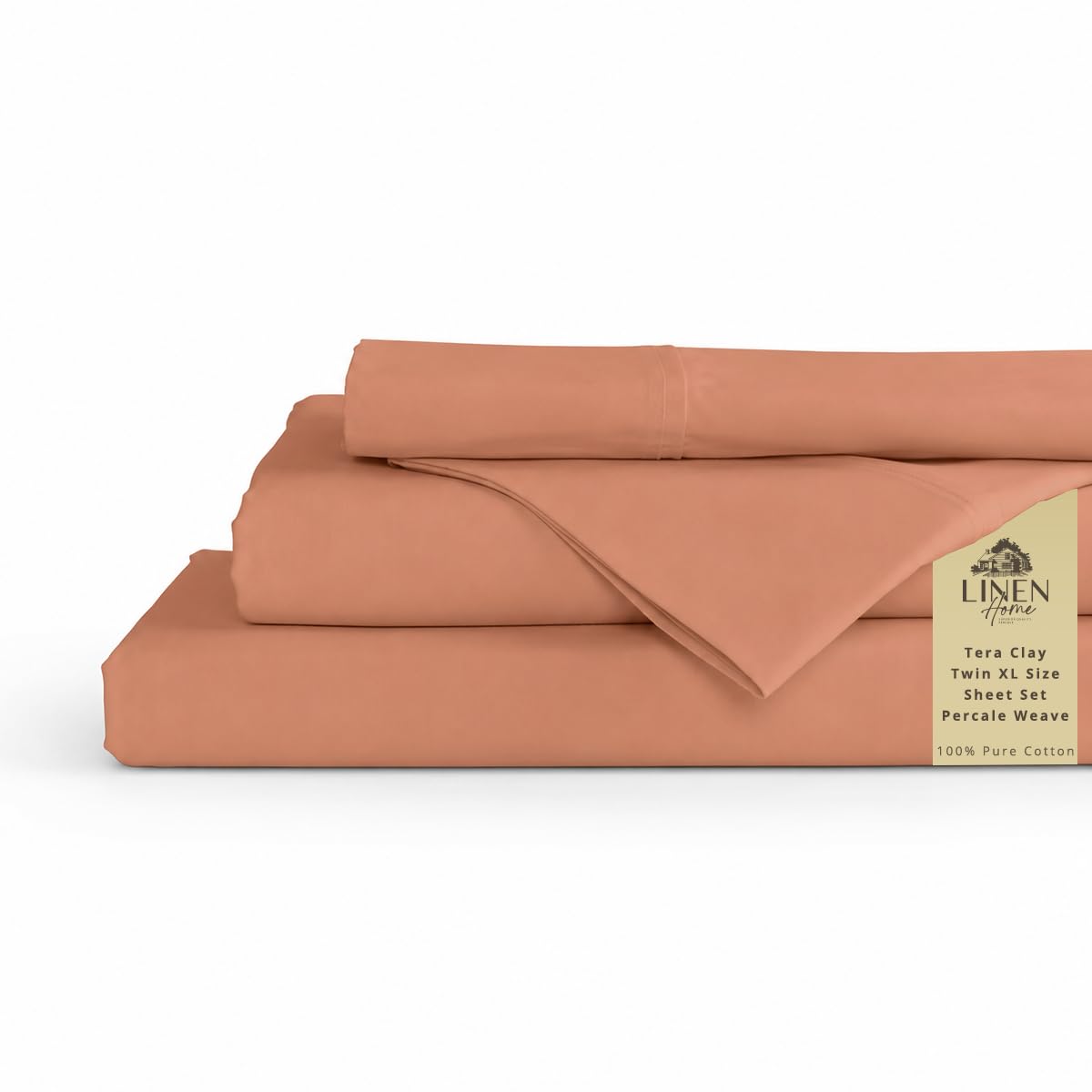 Linen Home 100% Cotton Percale Sheets Twin XL Size, Tera Clay, Deep Pocket, 3 Pieces Set- 1 Flat, 1 Fitted and 1 Pillowcase, Crisp Cool and Long Staple Strong Bed Linen