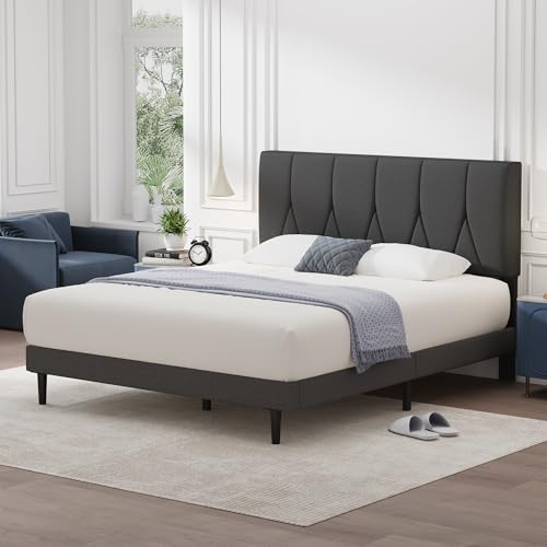 Yocreat Double Bed Frame, Dark Grey, Upholstered Wooden Slat Bed Frame with Headboard, Easy Assembly, Underbed Storage, No Box Spring Needed 135×190