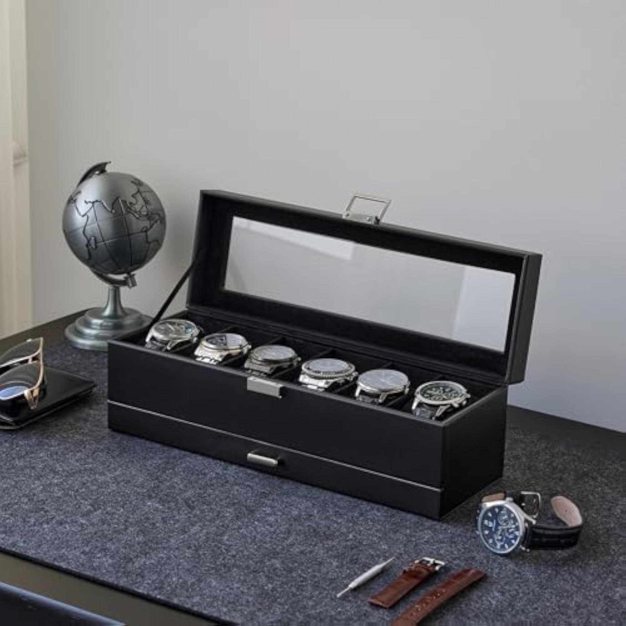 Watch Case, 6 Slot Mens Watch Box with Drawer
