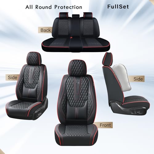 Image of Coverado Car Seat Covers Full Set, Nappa Leather Seat Covers for Car, Waterproof Car Seat Protector with Lumbar Support, Automotive Seat Covers Universal Fit for Most Cars SUV Trucks (Black-Red line)