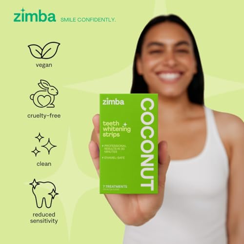 Image of Zimba Coconut Flavored Teeth Whitening Strips | Vegan, Enamel Safe Hydrogen Peroxide Teeth Whitener for Coffee, Wine, Tobacco, and Other Stains | 7 Day Treatment |Coconut