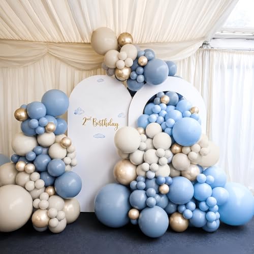 Image of Dusty Blue and Gold Balloons 60 Pcs, 12 Inch Dusty Baby Blue Chrome Gold Balloon Cream Sand White Balloon for Boy Baby Shower Decorations Bridal Shower Gender Reveal Boho Birthday Party Supplies