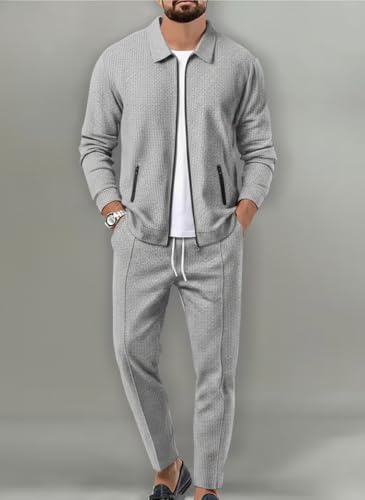 Image of Jawdrobe Men's Zipper-Check Co-Ord Set | Self-Textured Collar Top | Drawstring Jogger Pants | Cotton-Blend Loungewear Night-Suit | Mans Casual Travel Two-Piece