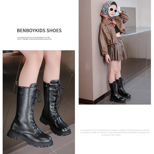 Girls' Boots,Girls Lace Up Riding Boots Mid Calf Combat Boot, Fashion Waterproof Pu Leather Side Zipper Punk Goth Boot3