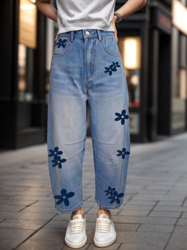 Women's Mid Rise Barrel Jeans Ankle Y2k Baggy Boyfriend Jeans Vintage Wide Leg Denim Pants with Pockets2