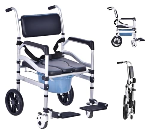 Silla de inodoro con ruedas, asiento acolchonado, silla para ducha plegable de aluminio para adultos mayores
