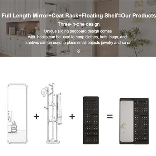 Image of KungFuWood Full Length Mirror with Shelf and Hooks,Entry Way Mirrors for Wall,Wall Mirror with Shelf,Wall Mirror with Storage Multifunctional Design Panel,Living Room (Black, 52.4 inch L x 19 inch W)