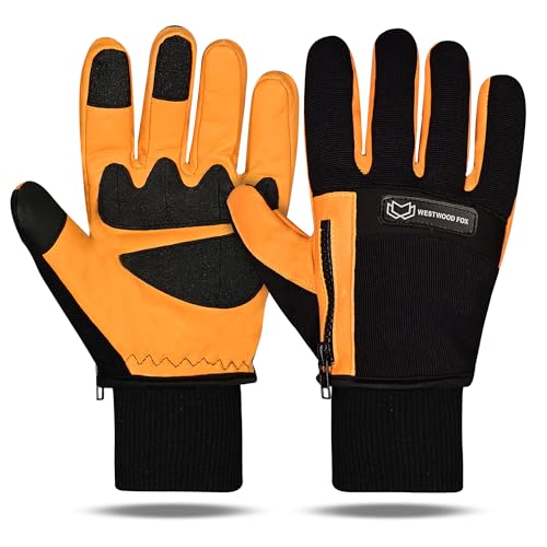 WESTWOOD FOX Guantes de trabajo impermeables de invierno, guantes de cuero de invierno para hombres y mujeres, guantes de trabajo de seguridad con pantalla táctil para construcción (Negro-Amarillo, L)