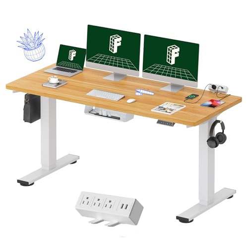 FLEXISPOT EN2 Whole-Piece Standing Desk with Clamp Power Strip, 60 x 24 Electric Stand Up Height Adjustable Desk with Cable Management (White Frame + 60" Maple Top, 2 Packages)