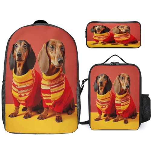 Printed Backpack With Lunch Pack Storage Box Case Cute Dachshund 3pcs Lightweight Travel Backpack