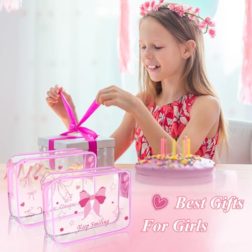 18Pcs Pink Bow Clear Makeup Bag Coquette Bows Cosmetic Bags PVC Travel Toiletry Preppy Portable Gift Transparent Pouch with Zipper Waterproof for Birthday Party Favor Mother Nurse Girls4