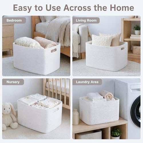 Image of Cotton Rope Laundry Basket Small, 12.8GAL Collapsible Woven Storage Baskets for Living Room Kids Toys Stuffed Animal,Boho Rectangular Decorative Short Hamper for Dirty Clothes, Blankets Pure White