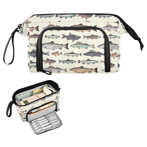 Image of Fish Vintage Beige Print Pencil Case Pouch Big Capacity Pencil Bag Box Organizer Pen Case with Compartmens Stationery Organizer for Girls Boys Women School College Office