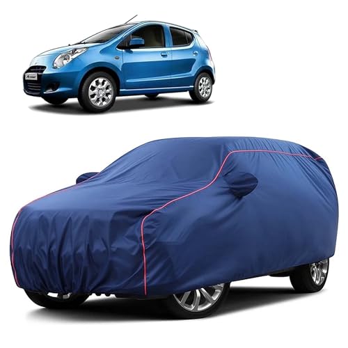 Image of Sulfar 100% Water Resistant Car Body Cover Compatible with Mirror for Maruti Suzuki A-Star (Triple Stitched, Full Bottom Elastic, Blue Taffeta with Red Piping)