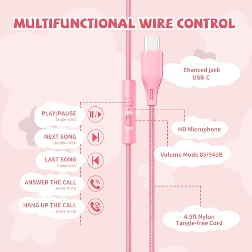 Image of USB C Headphones Wired for Kids, 85 /94dB Volume Limit With Mic, Pink | Kid Headphones for School, Wired Over Ear USBC Plug in Corded Headphones for Boys Girl Toddler, iPad, Tablet, Airplane Travel