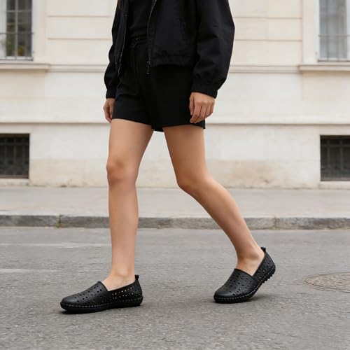 Image of Women's Summer Slip On Loafers, Breathable Perforated Hollow Cutout Flats, Comfortable Vegan Leather Walking Work Shoes for Women, Heart Floral Geometric Pattern Soft Sole Casual Summer Footwear