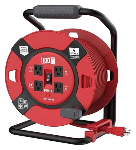 ZKLGS Enrollacables, Carrete de Cable de extensión retráctil de 100 pies con 4 Salidas y Cable Resistente de 14 AWG(100 ft)