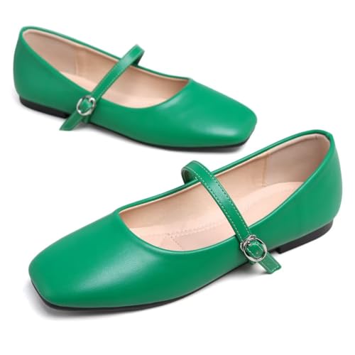 Image of TN TANGNEST Leather Flats for Women Retro Mary Jane Flats | Comfortable Square Toe Slip On Flats with Buckle Strap, Soft Work Flats Office Shoes