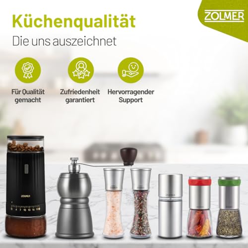 Zolmer Elektrische Kaffeemühle mit Kegelmahlwerk – USB wiederaufladbar grinder elektrisch, 15 Mahlstufen stufenlos einstellbar, Espressomühle & Gewürzmühle, leiser Motor kompakt & leicht zu reinigen