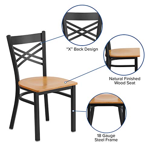 Image of Flash Furniture HERCULES Series Black ''X'' Back Metal Restaurant Chair - Natural Wood Seat