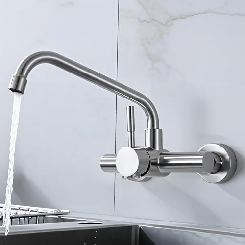 Spalivivre Wasserhahn Wandmontage, 360° Drehbare Mischbatterien aus Edelstahl, Küchenarmatur Wand Mischbatterie, Matt