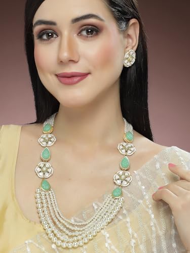Image of Karatcart Red & Green Beaded Long Kundan Rani Haar Necklace Set for Women