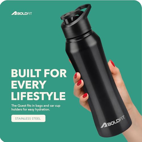 Boldfit Stainless Steel Water Bottle 1 Litre, Leakproof, Rust Free, 1000 ml, Black, Reusable, Pioneer Style, Perfect for Office, Gym, Travel, Outdoor Activities