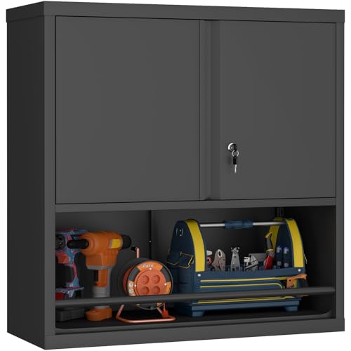 GREATMEET Locking Wall Mounted Garage Cabinet, Black Metal Steel Hanging Storage Cabinets, Lockable Tool Cabinet for Garage Shop, Floating Wall Mount Cabinet