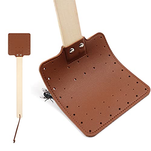 Keaiduoa Leather Fly Swatter Fly Swat Heavy Duty Insect Mos-Quito Wasp Pest Control Rustic Design with Long Wooden Handle. (Brown)