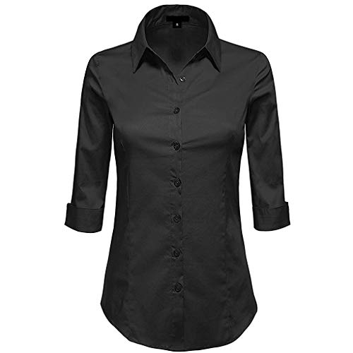 Women 3/4 Sleeve Stretchy Button Down Collar Office Formal Casual Shirt Blouse Black