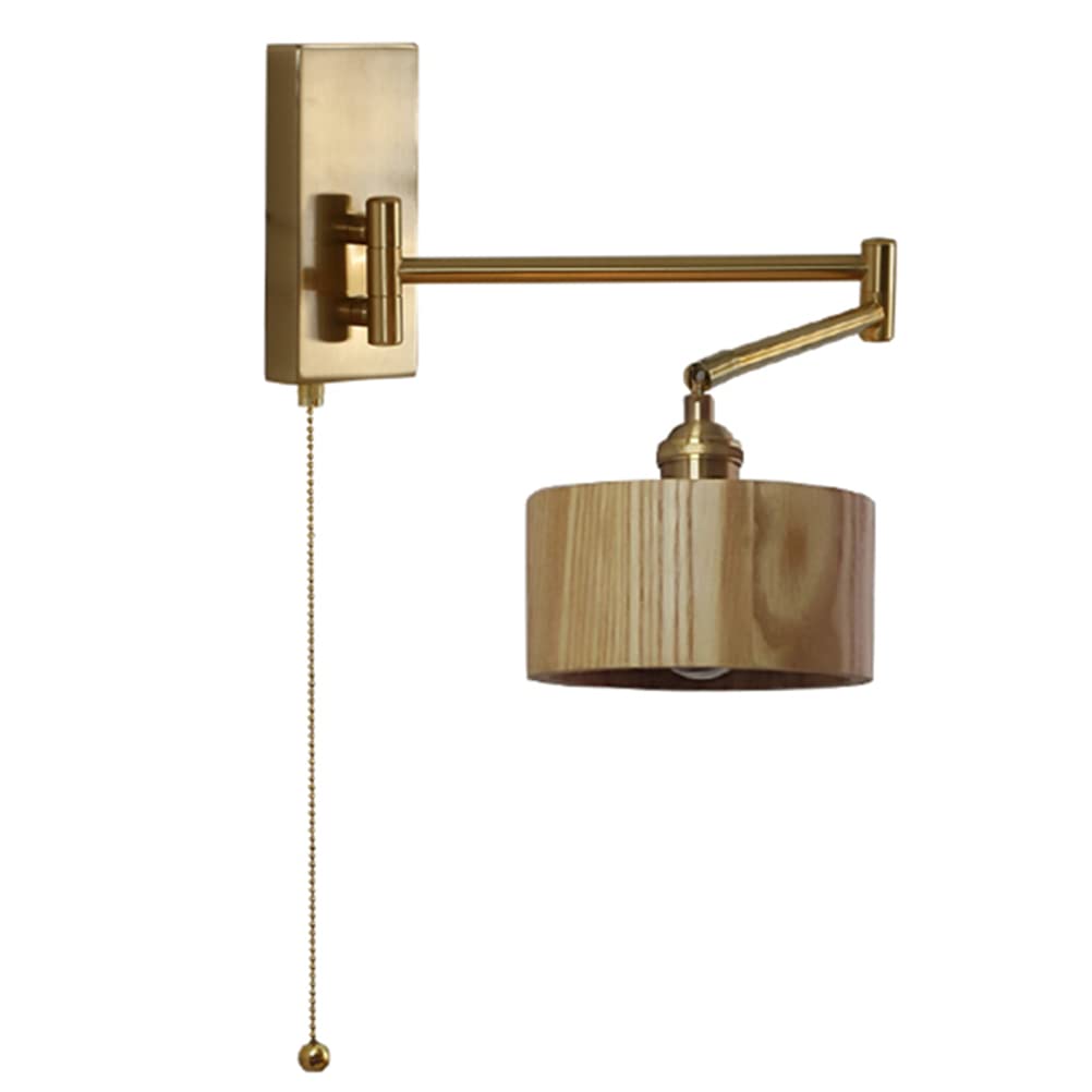 OJT Applique moderne en laiton avec interrupteur, appliques murales lampe de chevet lampe de lecture à bras long réglable, abat-jour en bois, appliques murales d'intérieur E27 pour salon hall chambre