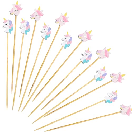 Catelves Lot de 100 pics à cocktail licorne en bois de 13 cm pour enfants - Brochettes à fromage licorne pour décoration de cocktail, décoration de cupcake