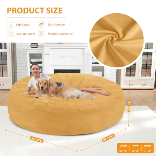 7FT Bean Bag Chair, Large Bean Bag Chairs with Memory Foam Filled, Fluffy Beanbag Sofa with Dutch Velvet Cover, Round BeanBag Chairs for Living Room, Playroom - Mustard