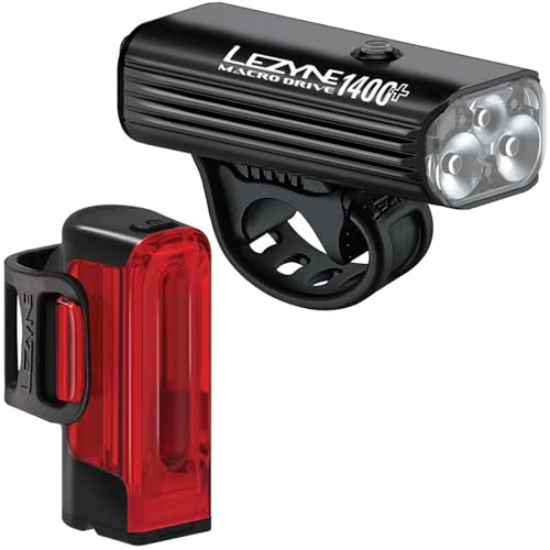 LEZYNE Macro Drive 1400+ & Strip Drive Pro 400+ Pair | Durable Lightweight IPX7 Waterproof Powerful Bike Front & Rear Light Set w/ 7 Output Modes | Extended Runtimes