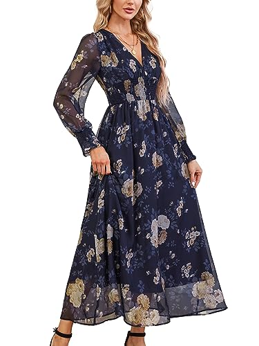 Women's Casual Boho Floral Maxi Dress Deep V Neck Long Sleeve Evening Party Dresses