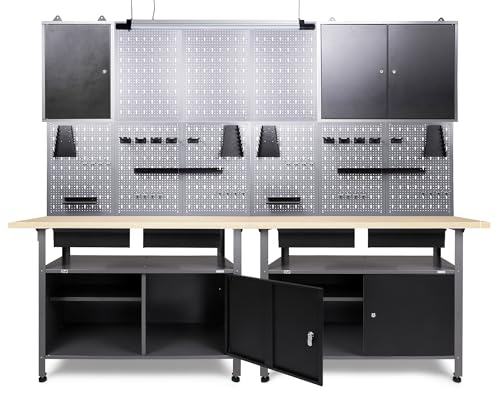Ondis24 Werkstatteinrichtung Werkstatt Set Werkbank Fritz Hängeschrank Werkzeugwand Metall Schwarz Grau (Bluetooth, 240 cm)