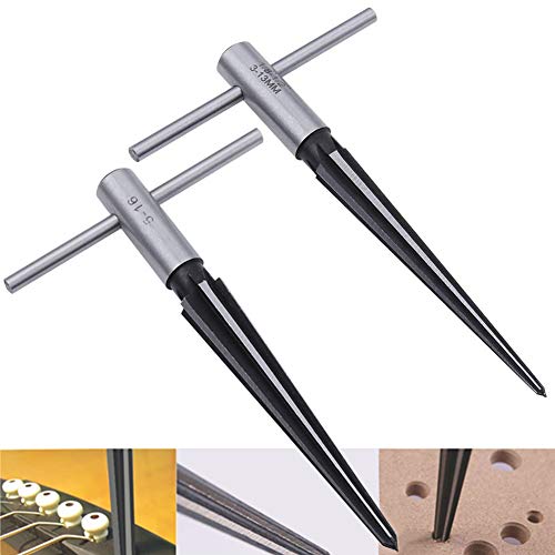 Aowish T Handle Taper Reamer Set 3-13Mm(1/8''-1/2'') & 5-16Mm(½"-5/8") Bridge Pin Hole Hand Held Tapered Reamers 6 Fluted Chamfer Reaming Guitar Woodworker Luthier Tool (2 Pieces) #TOP1