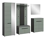 xonox.home - Garderobenkombination Canu 6tlg. 255x190x37 cm in Korpus Basalt grau Nb., Front Smoke Green Nb. - Garderobenschrank Garderobenmöbel Flurmöbel-Set Flursystem Stauraumlösung