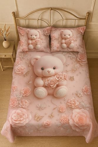 Image of King Size 7D Digital Print Bedsheet - 350 TC Cotton, Kids Friendly Design, Soft & Breathable 180 GSM Fabric, Machine Washable, Gift-Ready Packaging. (108x108 Inches). (Pink Teddy)