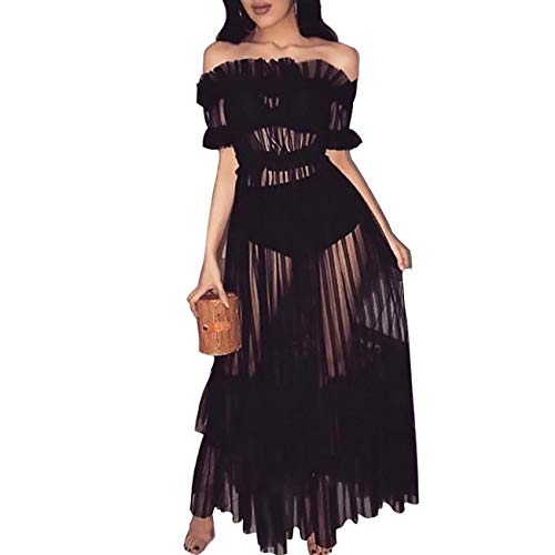 Women Sexy Lace Off Shoulder Mesh See Through Long Pleated Maxi Dress Club Party Gown2