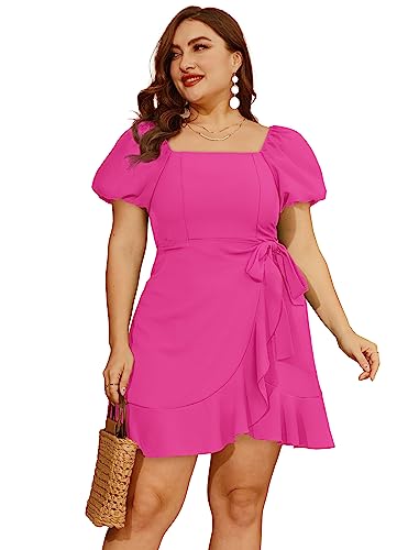 Image of Sampeel Womens Summer Dresses Square Neck Puff Sleeve Tie Waist Short Dress