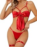 NewBull Women's Unwrap Me Lingerie Set Sexy Satin Push Up Bra and Panty Sets Bow Knot Ribbon Valentine's Gift 3 Piece (red, One Size)