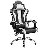 Yaheetech Silla de Oficina Silla Gaming Silla Ergonómica con Ruedas Silla Ordenador Ajustable Silla con Soporte Lumbar Capacidad MAX 136 KG Blanco