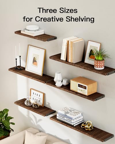 Image of AMADA HOMEFURNISHING Long Wall Shelves, Rustic Farmhouse Style, Wood Floating Shelves for Wall Decor, Bathroom & Bedroom Storage, Living Room Book Shelves, Brown - 6pcs