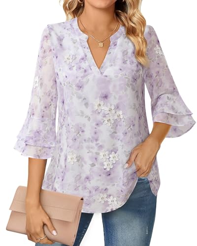 Lotusmile Womens Tops Dressy Casual: 3/4 Sleeve Blouses for Women Business Casual Elegant - Tiered Bell Sleeve Blouses for Work - Ladies Layers Chiffon Office Tops (Purple/White Embroidery, X-Large)