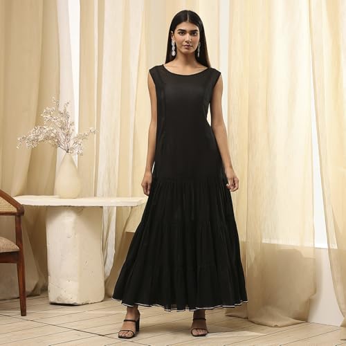 Image of Biba Women's Poly Chanderi 3 /4 Sleeves Calf Length Round Neck A-Line Casual Dress