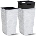Worth Garden 2-Pack 22" H. White Square Tapered Planter with Inside Pots - Plastic Plant Pots for Indoor Outdoor - Modern Wavy Finish Decorative Flower Pots for Front Porch Containers Patio Deck