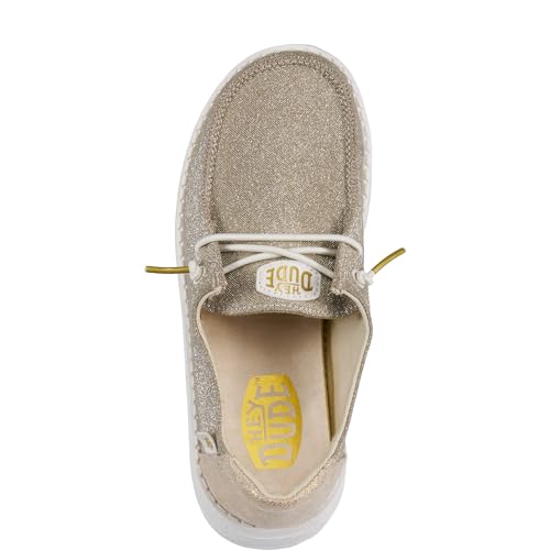 Image of HEYDUDE Girl's Youth Wendy Metallic Sparkle Slip On Loafer | Glitter Upper | Stretch Elastic Laces, Removable Foam Insole, Lightweight Flexible Outsole, Breathable Interior, Easy On System, Secure Fit