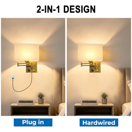 Image of Plug in Swing Arm Wall Sconce, Wall Lights for Living Room | Wall Lamp with USB C+A Charging Ports, Adjustable Swing Arm 270, Adjustable Color Temperature, Wall Mount Lamp for Bedroom