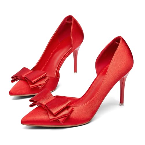 Image of Womens Bow Heels Closed Pointed Toe Dress Shoes Stiletto Slip on Wedding Pumps